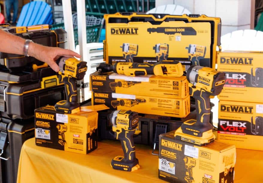 A table full of DeWalt Tools